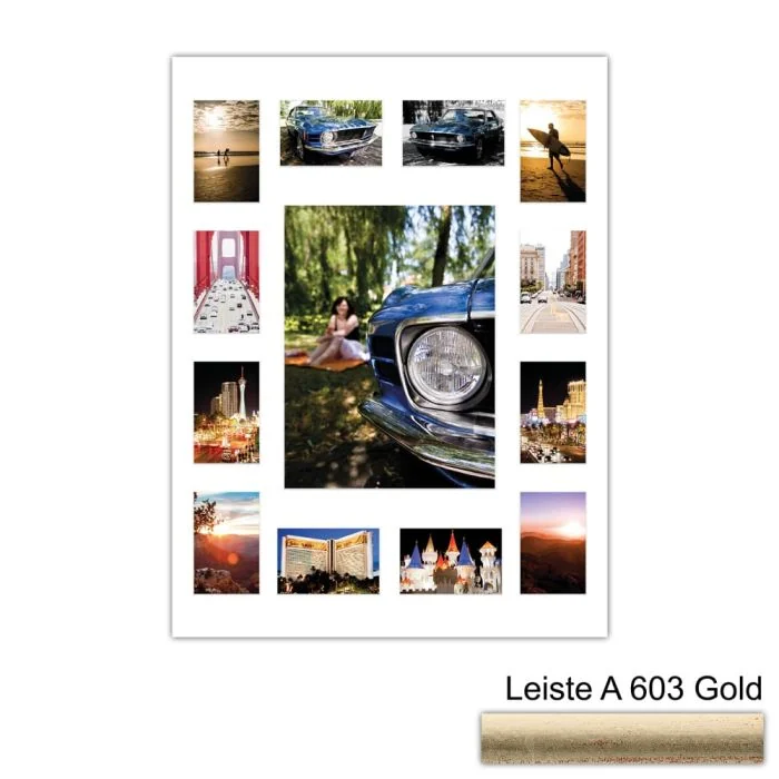 Galerierahmen Design 4242, 60x80, 1 Ausschnitt 30x40, 12 Ausschnitte 10x15 altgold