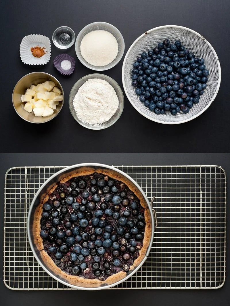 Diptychon mit Zutaten für Kuchen und fertigem Kuchen