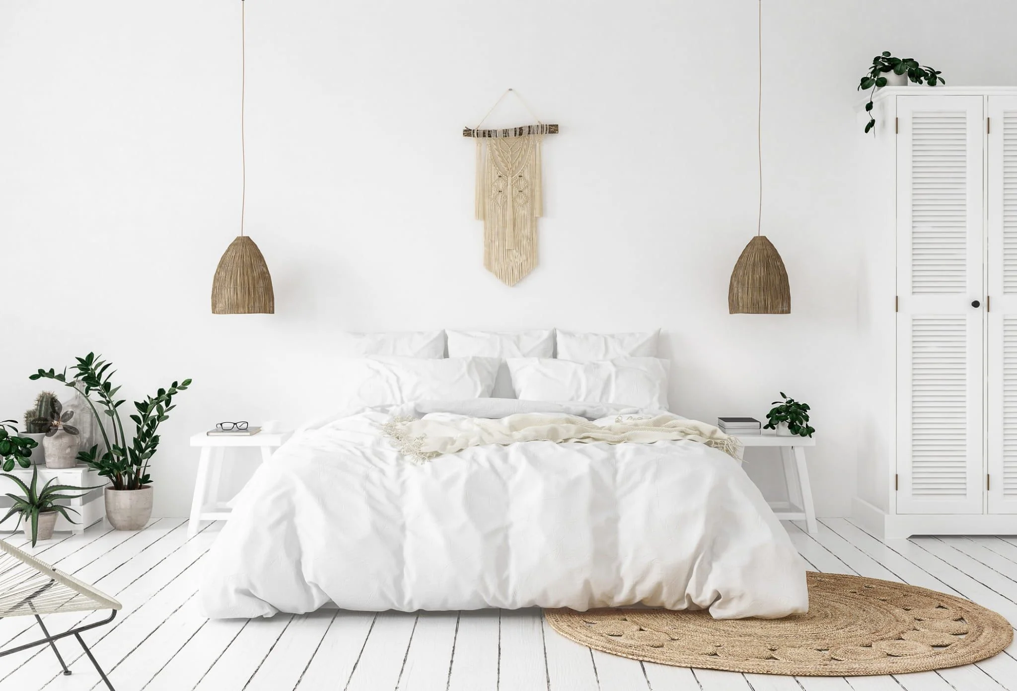 Hygge-Schlafzimmer mit Pflanzen.