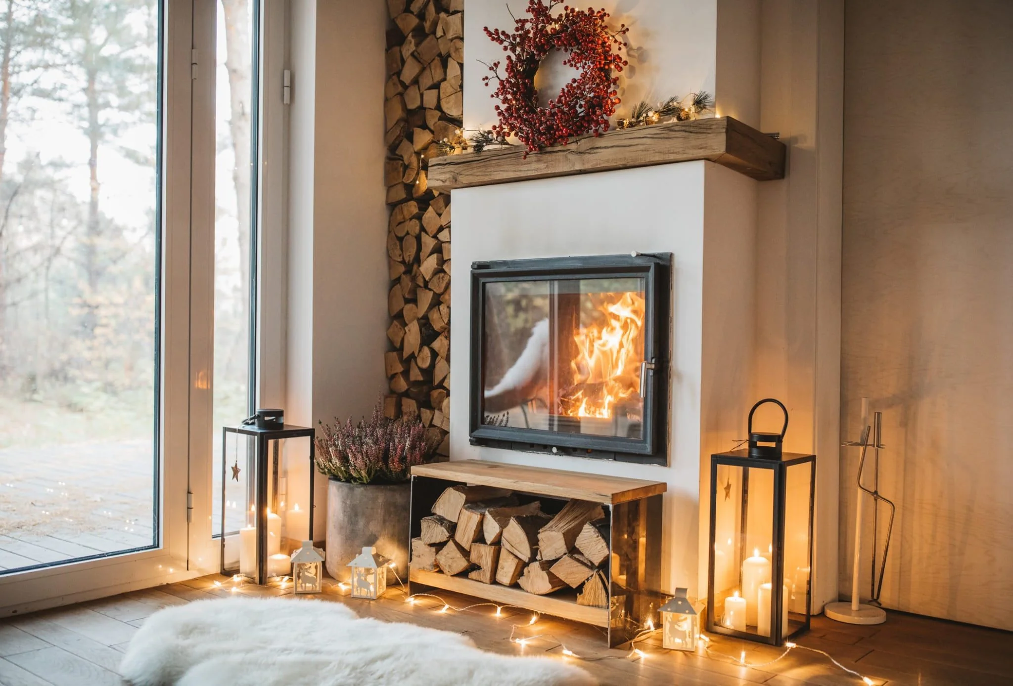 Hygge Kaminfeuer mit Lichterkette.