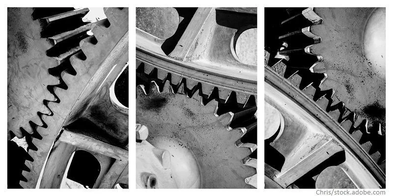 Triptychon Zahnrad in Schwarz Weiß